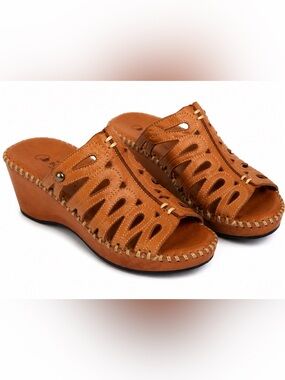 BONAVI Genuine Leather Wedge Sandals – Tan/Brown – Made in Turkey